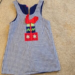 Christmas Handmade Revers Size:2T-3T?!Blue and White Gingham Dress with Red Bow